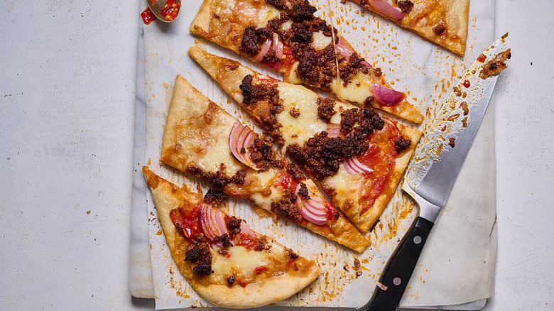 sliced flatbread on table