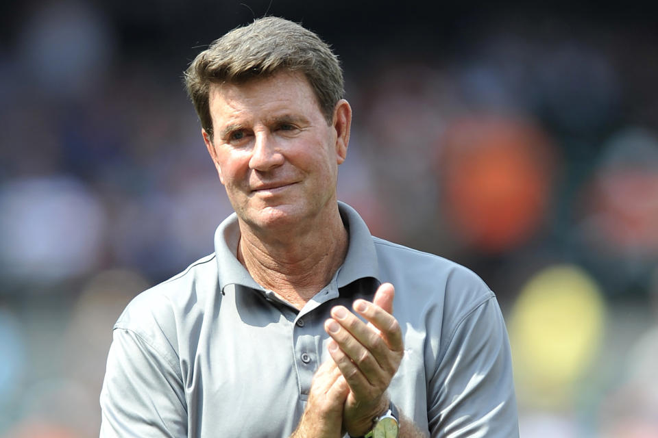 FILE - This photo taken June 30, 2012 shows former Baltimore Orioles Hall of Fame pitcher Jim Palmer applauds during a ceremony honoring former manager Earl Weaver in Baltimore, June 30, 2012. Jim Palmer pitched 25 complete games in 1975. The entire major leagues have combined for 35 this year, down from 50 last season and 622 in 1988. (AP Photo/Gail Burton, File)