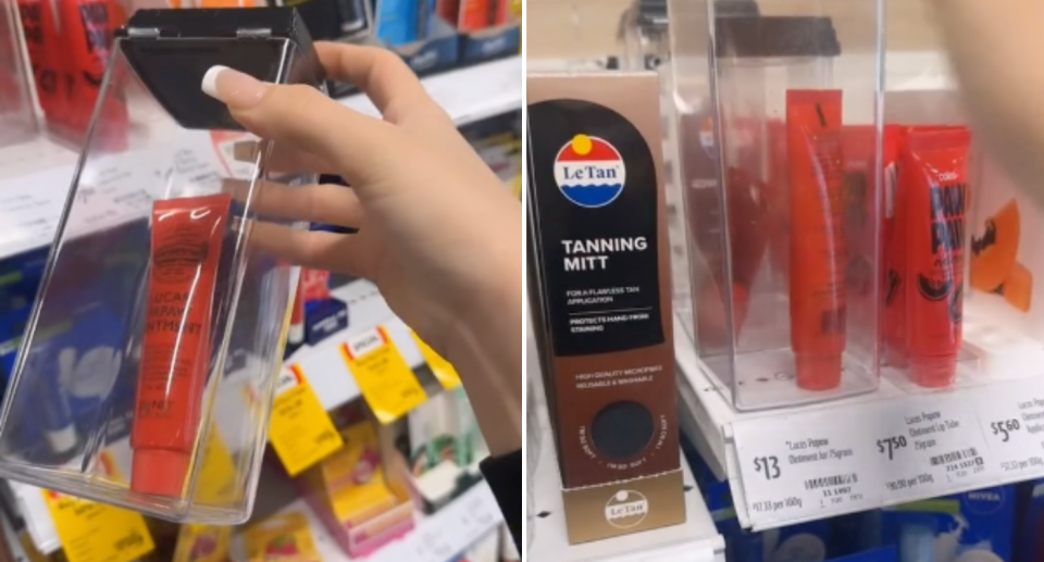 Screenshots from the TikTok video showing Lucas' Papaw lip ointment in a security container in Coles.