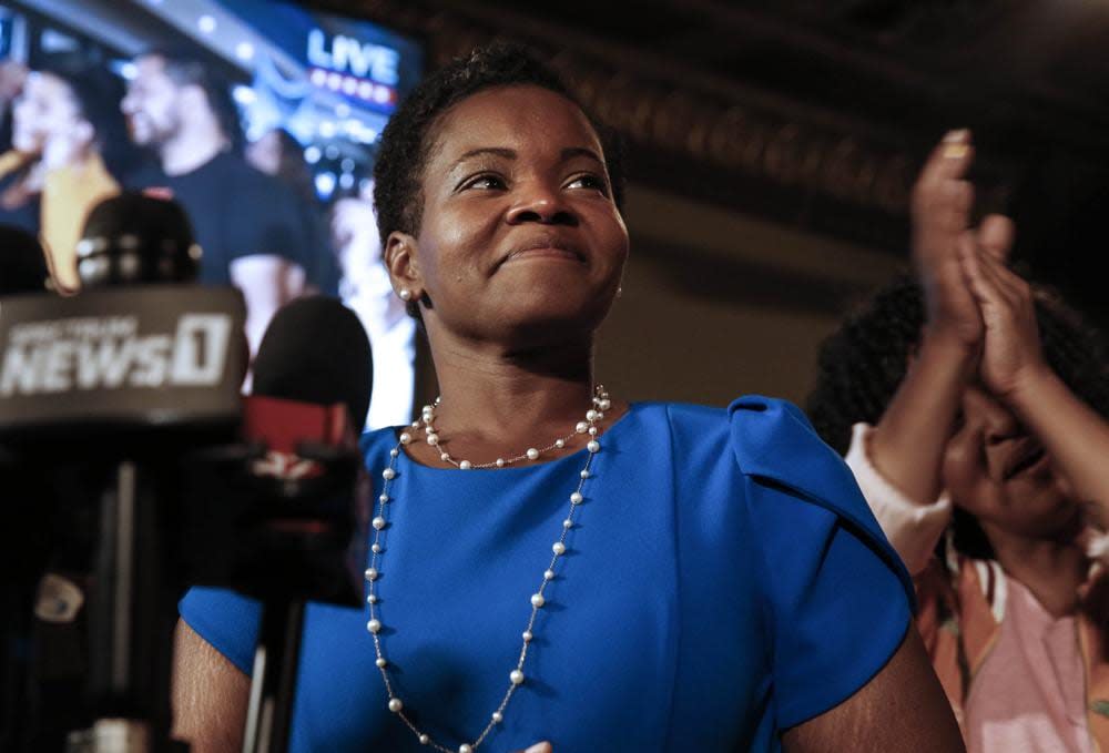 This Wednesday June 23, 2021 file photo shows Democratic Buffalo mayoral primary candidate India Walton as she delivers her victory speech after a primary defeat of incumbent Byron Brown in Buffalo, N.Y. (Robert Kirkham/The Buffalo News via AP, File)