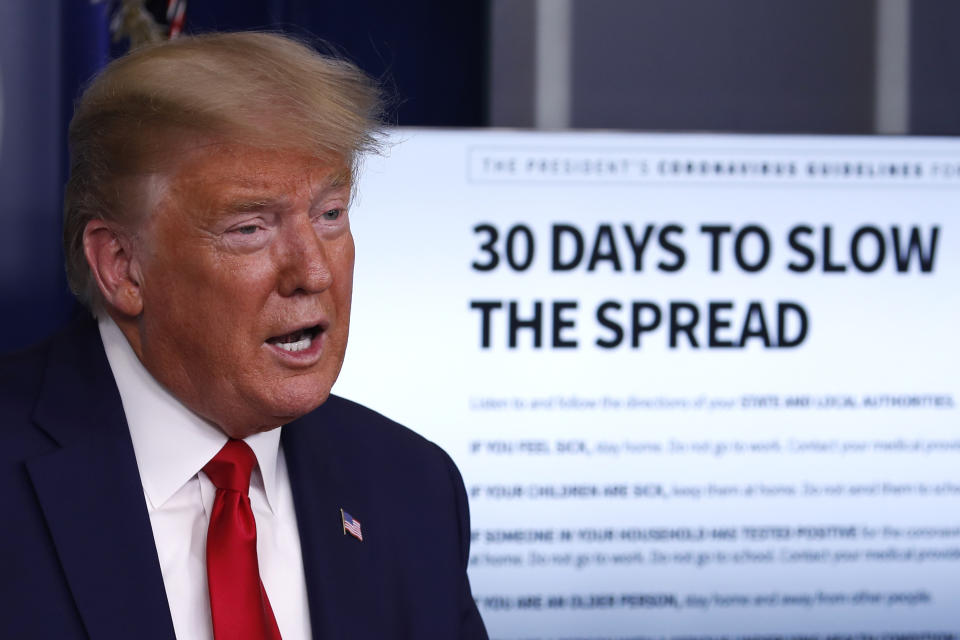 President Donald Trump speaks about the coronavirus in the James Brady Press Briefing Room of the White House, Tuesday, March 31, 2020, in Washington. (AP Photo/Alex Brandon)