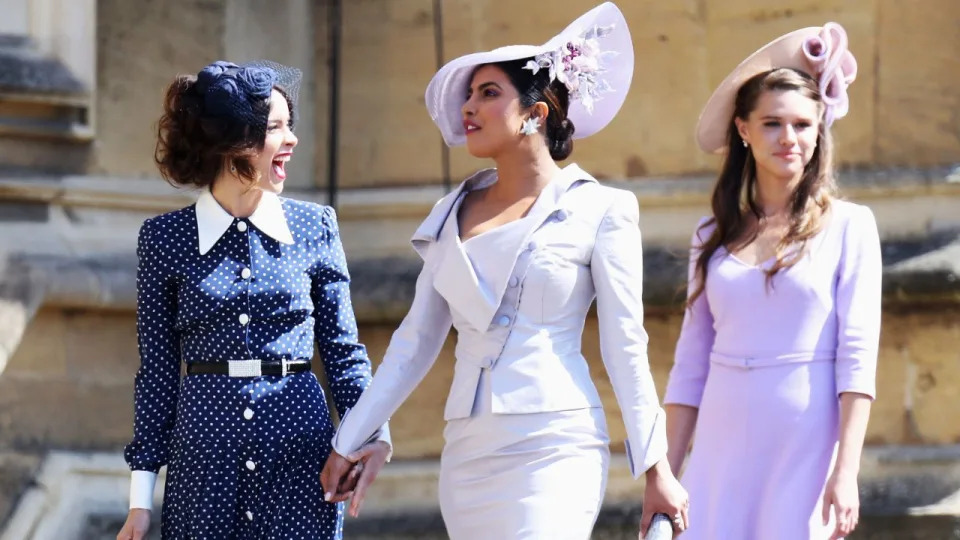 US actress Abigail Spencer and Bollywood actress Priyanka Chopra arrive for the wedding ceremony of Britain’s Prince Harry, Duke of Sussex and US actress Meghan Markle. CHRIS JACKSON/AFP via Getty Images.