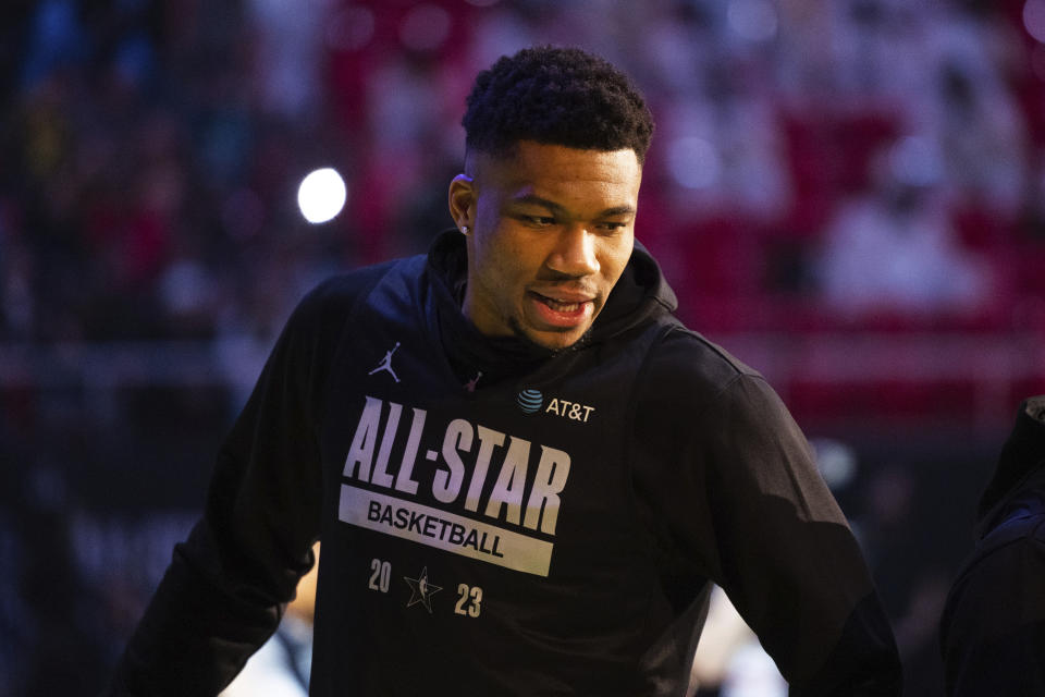 Milwaukee Bucks forward Giannis Antetokounmpo and Eastern Conference All-Star Captain is introduced during the NBA All-Star 2023 basketball practice Saturday, Feb. 18, 2023 at the Huntsman Center in Salt Lake City. (Ryan Sun/The Deseret News via AP)