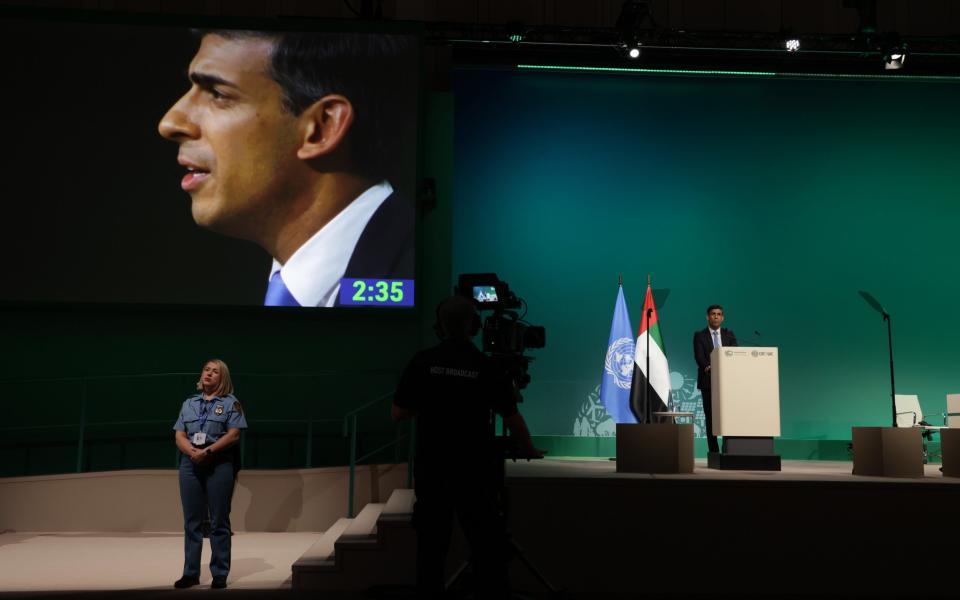 Rishi Sunak speaking at the Cop28 climate conference at Expo City Dubai today