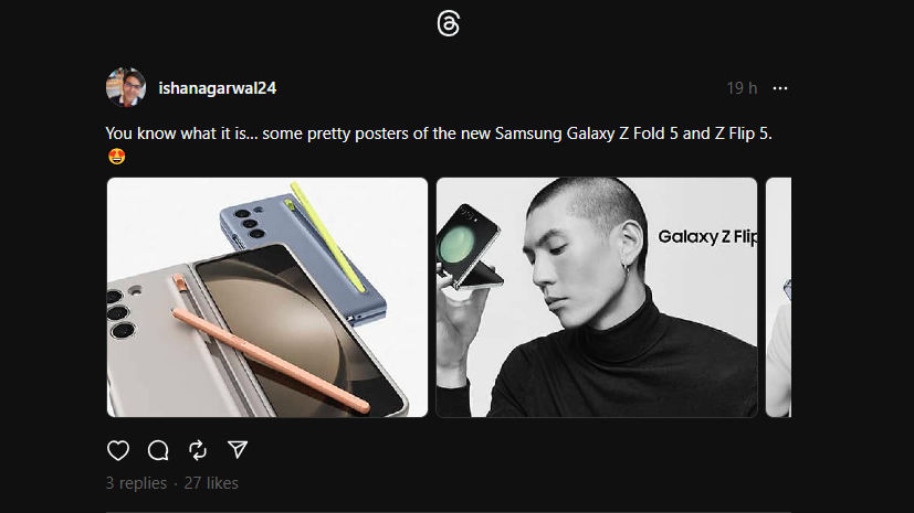 A screenshot of Ishan Agarwal's threads post showing images of the Galaxy Z Fold 5 and Galaxy Z Flip 5