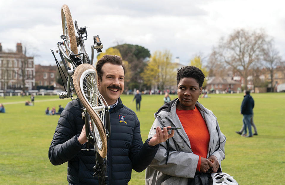 Jason Sudeikis and Sarah Niles during the second season of Apple TV+’s Ted Lasso.