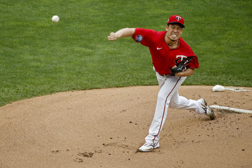 Minnesota Twins starting pitcher Kenta Maeda throws to the Cleveland Indians in the first inning of a baseball game Saturday, Aug 1, 2020, in Minneapolis. (AP Photo/Bruce Kluckhohn)