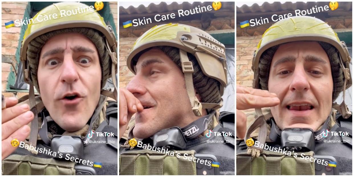 Stills of a TikTok by medical volunteer Brandon Mitchell on January 2, 2023. Mitchell wears military gear and is indicating his face. The image is captioned "Skin Care Routine."