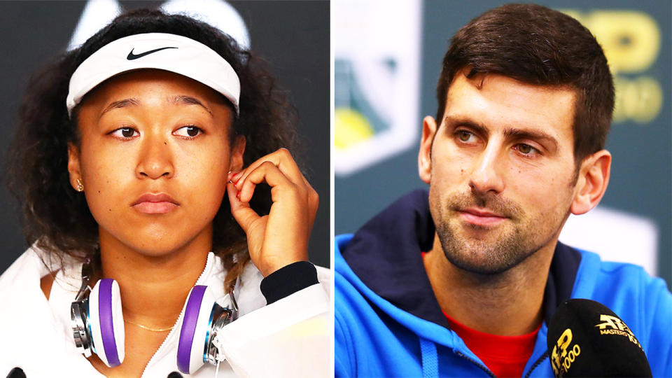 Novak Djokovic (pictured right) during a press conference and (pictured left) Naomi Osaka answering questions at the Australian Open.