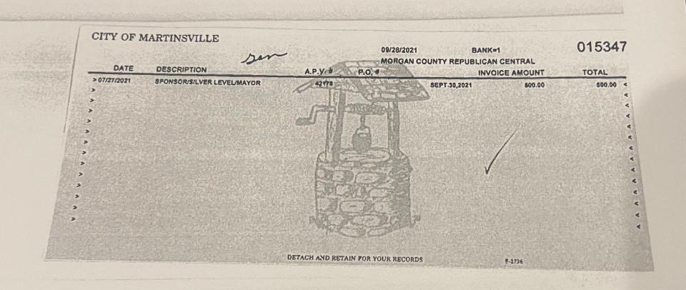 This document shows the city of Martinsville paid for a silver-level sponsorship on July 27, 2021 for the Morgan County Lincoln Day Dinner.