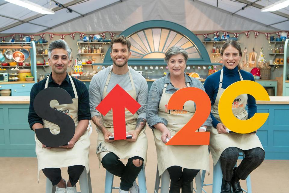 Tan France, Joel Dommett, Caroline Quentin and Johanna Konta on The Great British Bake Off for Stand Up To Cancer. (Channel 4)