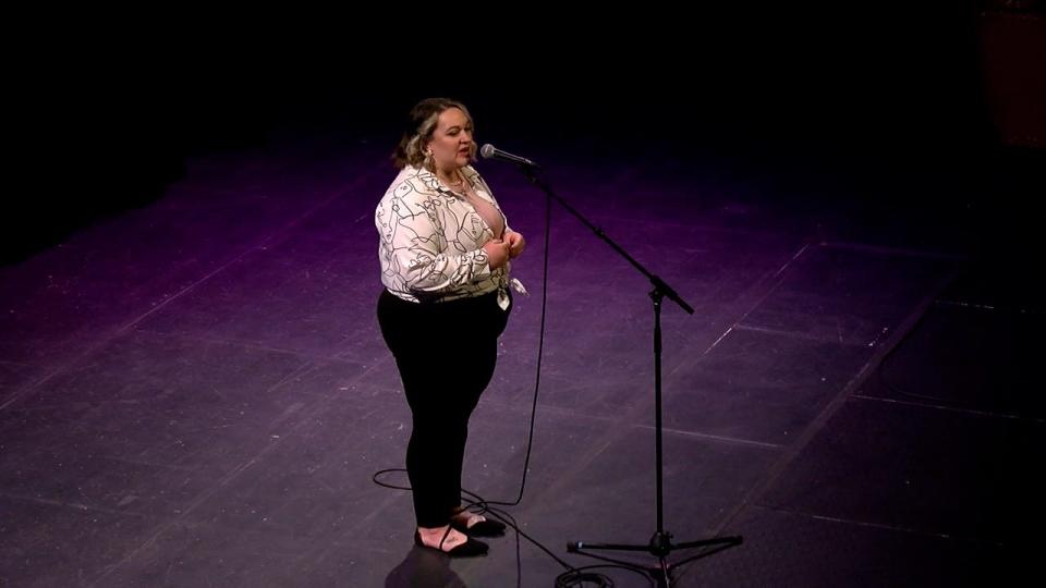 Sam Freese shares their story during the Des Moines Storytellers Project's "Love" at Hoyt Sherman Place on Tuesday, Feb. 14, 2023.