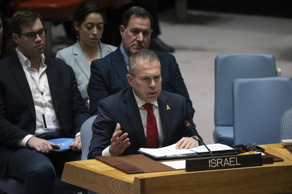 Israeli Ambassador to the United Nations Gilad Erdan speaks during a Security Council meeting at United Nations headquarters, Thursday, April 18, 2024. (AP Photo/Yuki Iwamura)