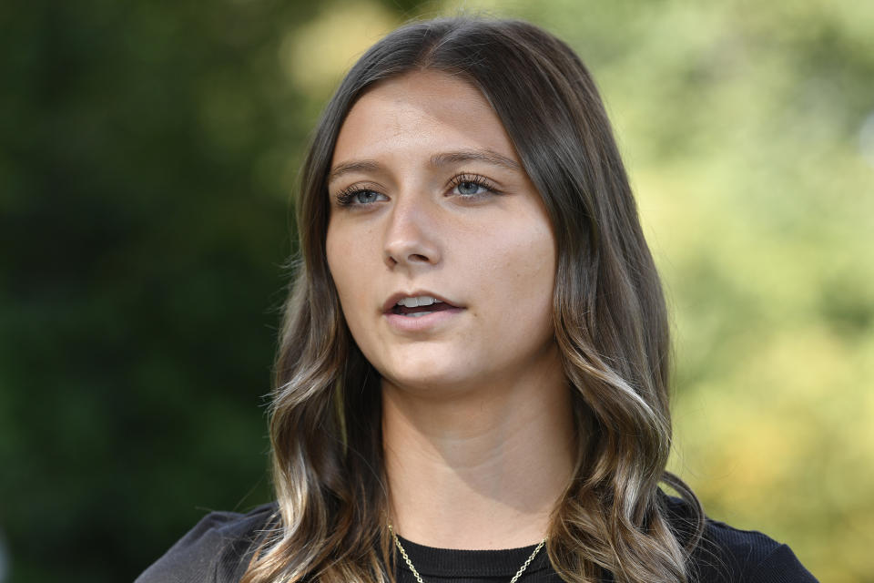 Hadley Duvall answers questions from a reporter during an interview in Versailles, Ky., Wednesday, Sept. 20, 2023. Duvall is featured in a campaign ad attacking Republican Daniel Cameron's long-held position on the abortion issue. (AP Photo/Timothy D. Easley)