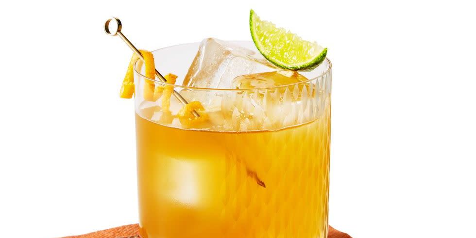 maple whiskey sour cocktail with ice cubes