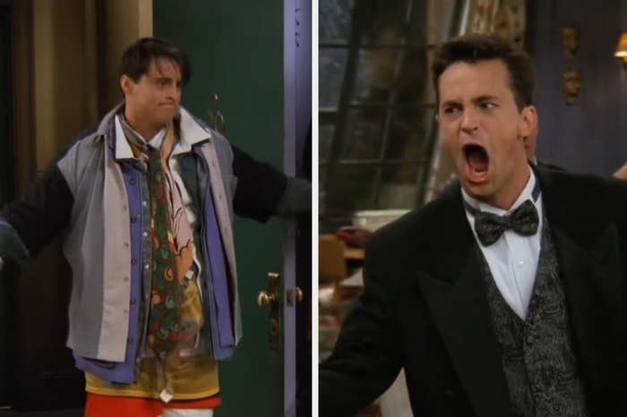 Joey wearing all of Chandler's clothes in "Friends"/Chandler wearing a tuxedo, angry and disgusted, in "Friends"