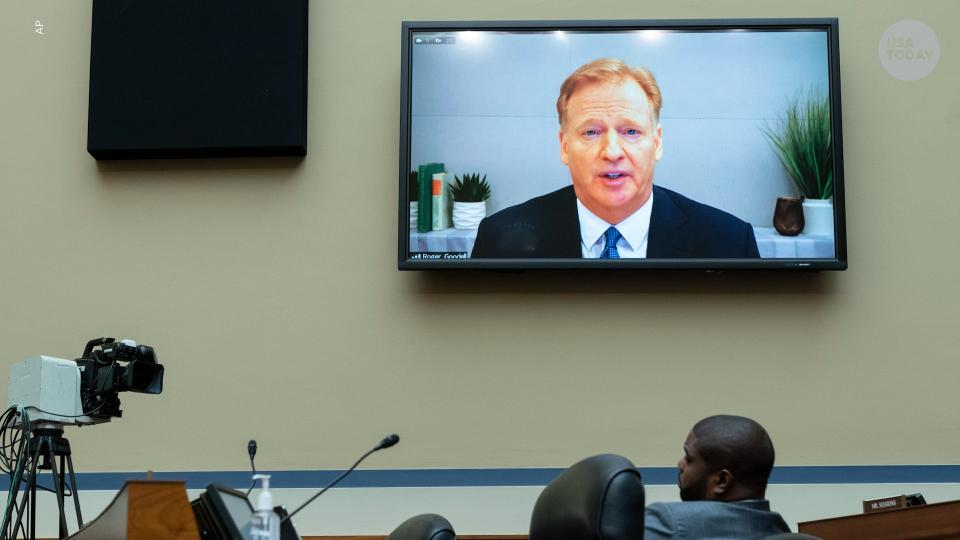 NFL Commissioner Roger Goodell testifies virtually Wednesday as Rep. Byron Donalds, R-Fla., listens, during a House Oversight Committee hearing on the Washington Commanders' workplace conduct. Team owner Dan Snyder did not attend the hearing. (AP Photo/Jacquelyn Martin)