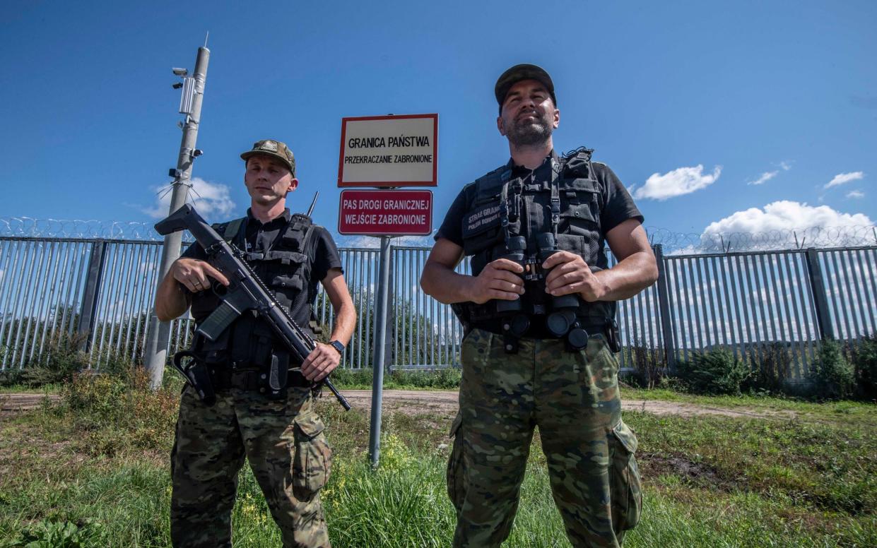 Polish border guards on the Poland-Belarus border east of Bialystok