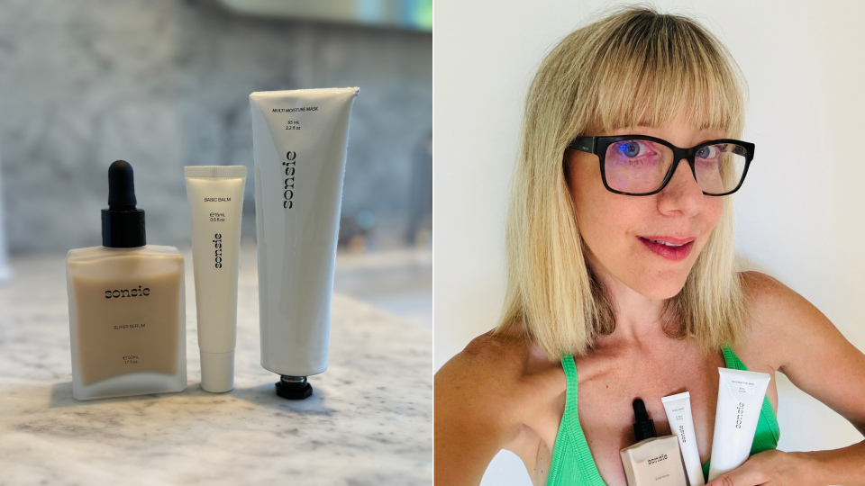 split screen of sonsie skincare bundle and blonde woman with glasses holding sonsie skincare