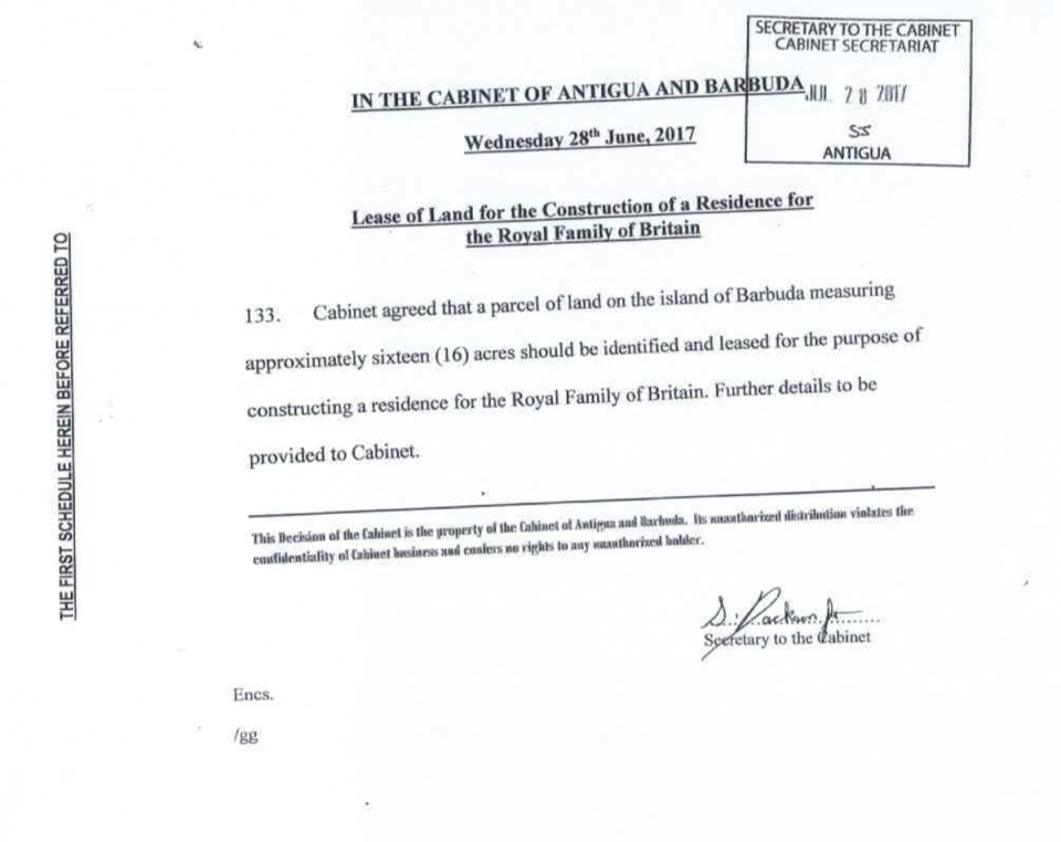 The document, shared with The Independent, for a ‘Lease of Land for the Construction of a Residence for the Royal Family of Britain’ (Global Legal Action Network)