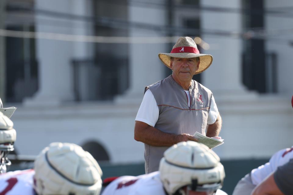 Alabama Head Coach Nick Saban coaches the players during practice at Thomas-Drew Practice Fields in Tuscaloosa, AL on Monday, Sep 11, 2023.
