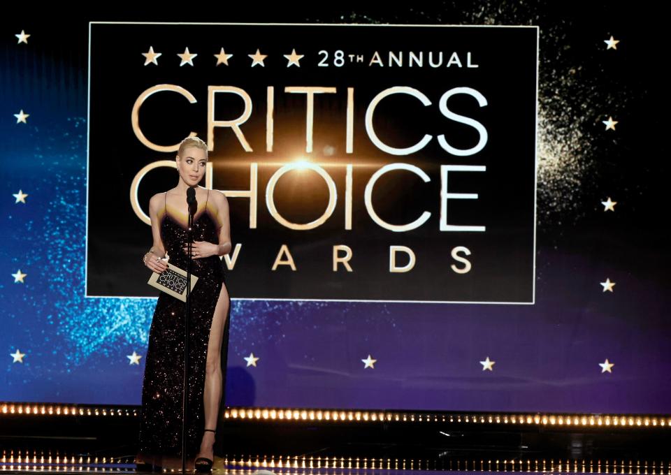 Aubrey Plaza speaks onstage during the 28th annual Critics Choice Awards at Fairmont Century Plaza on Sunday in Los Angeles.