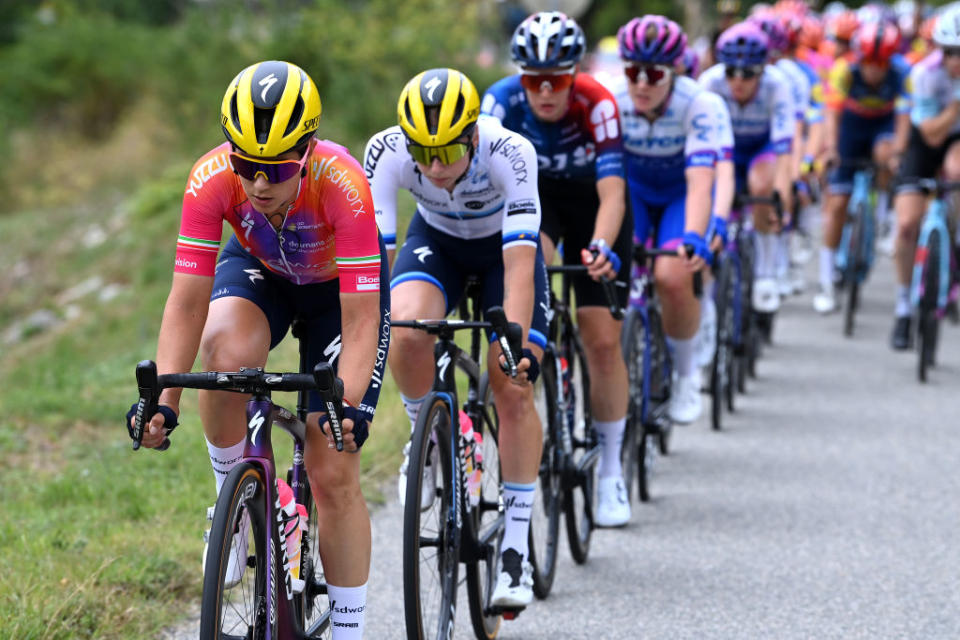 RODEZ FRANCE  JULY 26 LR Elena Cecchini of Italy and Lorena Wiebes of The Netherlands and Team SD Worx  Protime during the 2nd Tour de France Femmes 2023 Stage 4 a 1771km stage from Cahors to Rodez 572m  UCIWWT  on July 26 2023 in Rodez France Photo by Tim de WaeleGetty Images