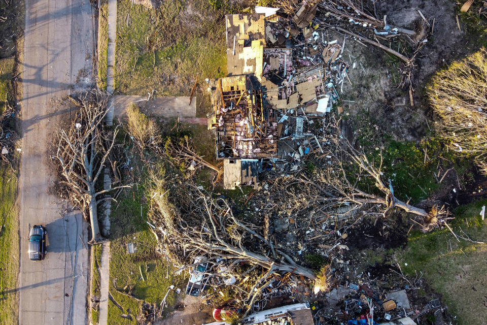 Aerial view of a destroyed neighborhood in Rolling Fork, Miss., after a tornado touched down in the area March 25, 2023.