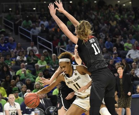Apr 1, 2019; Chicago, IL, USA;Notre Dame Fighting Irish forward Brianna Turner (11) is defended by Stanford Cardinal forward Alanna Smith (11) during the second half in the championship game of the Chicago regional in the women's 2019 NCAA Tournament at Wintrust Arena. Mandatory Credit: David Banks-USA TODAY Sports