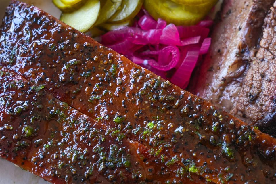 Pork ribs are one of the signature meats served at Barbs-B-Q.