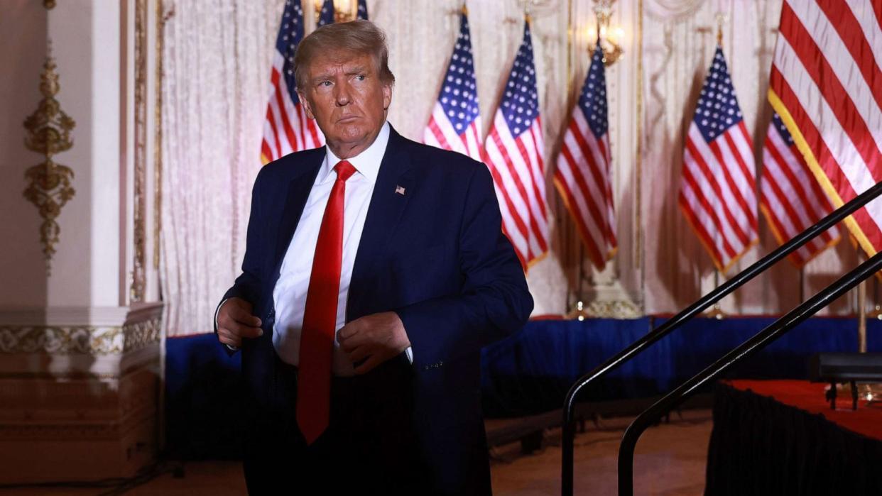 PHOTO: In this Nov. 15, 2022, file photo, former President Donald Trump leaves the stage after speaking during an event at his Mar-a-Lago home, in Palm Beach, Fla. (Joe Raedle/Getty Images, FILE)