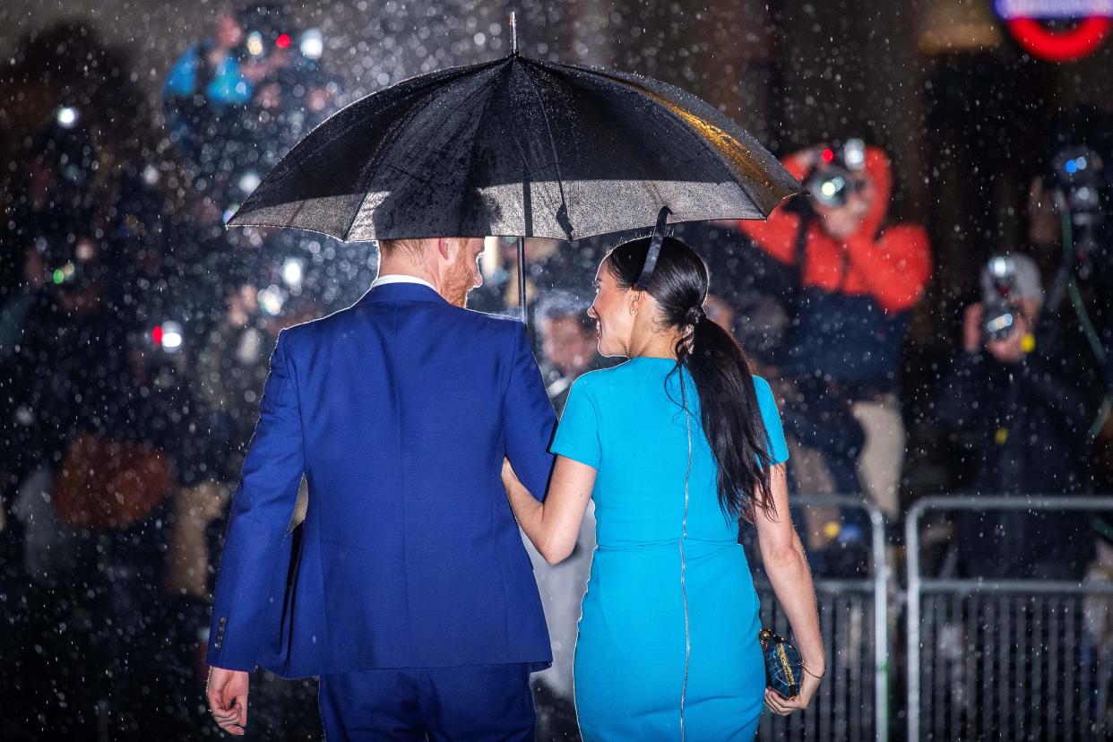 Britain's Prince Harry (L), Duke of Sussex, and Meghan, Duchess of Sussex arrive to attend the Endeavour Fund Awards at Mansion House in London on March 5, 2020. - The Endeavour Fund helps servicemen and women have the opportunity to rediscover their self-belief and fighting spirit through physical challenges. (Photo by JUSTIN TALLIS / AFP) (Photo by JUSTIN TALLIS/AFP via Getty Images)