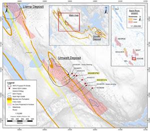 Goose Property selected drill plan map targeting the Umwelt Deposit.