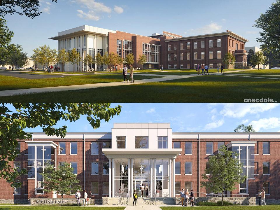 These artist renderings show the exteriors of Kirksey Old Main, top, and Rutledge Hall — two of the university’s five original buildings — following a $54.3 million renovation project to upgrade both buildings, which will transform Rutledge from a dormitory to an academic building housing the University Studies Department while KOM will still house the Mathematics, Computer Science, and Data Science departments within the College of Basic and Applied Sciences. Announced Wednesday, April 24, from the steps of KOM, the project begins in mid-May with expected completion by summer 2026.