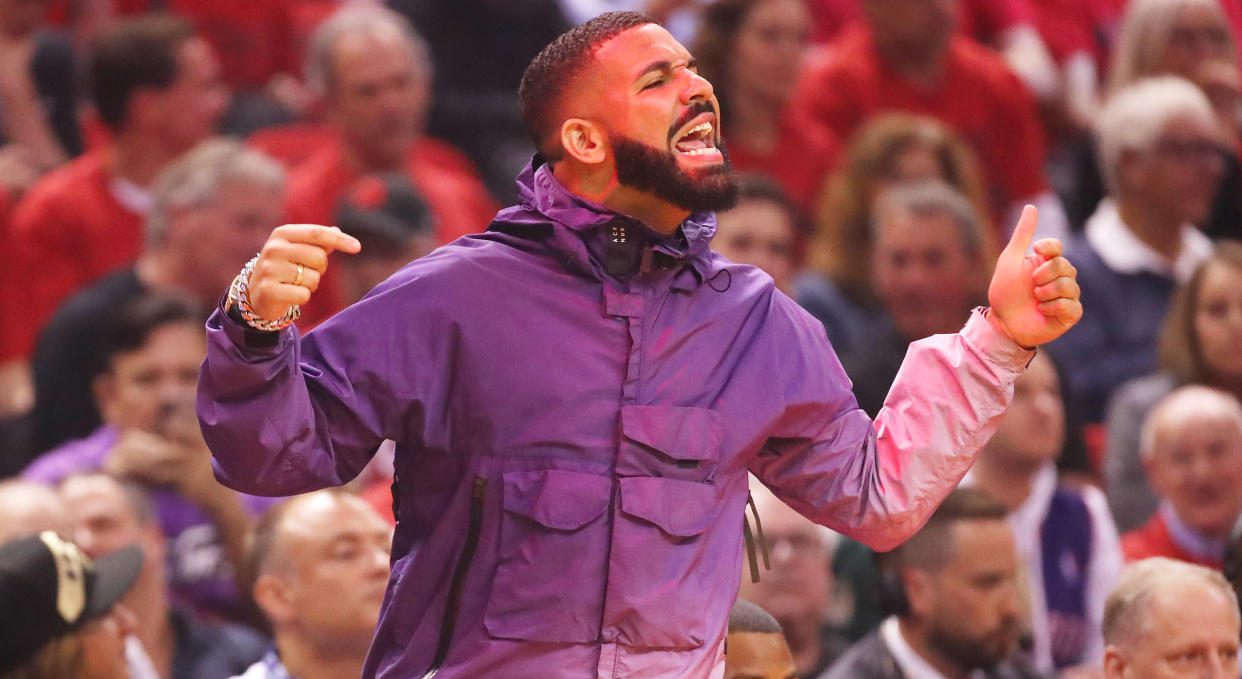 Drake was up to his old tricks during Game 3 of the East Finals between the Toronto Raptors and Milwaukee Bucks at Scotiabank Arena on Sunday night. (Photo by Gregory Shamus/Getty Images)