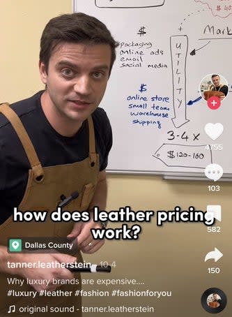 Tanner explaining how leather pricing works in a tiktok video