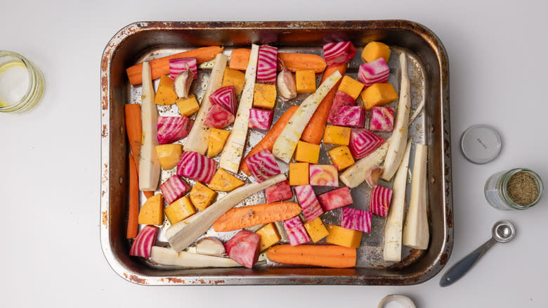 root vegetables in oven tray