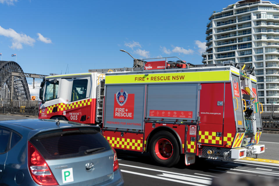 Fire and Rescue NSW truck on Sydney Harbour Bridge. 