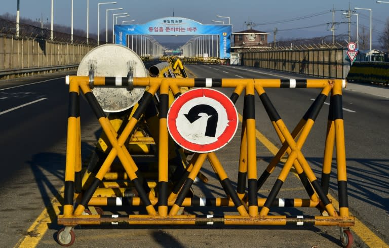 A barricade is set on the road leading to North Korea's Kaesong joint industrial complex at a South Korean military checkpoint