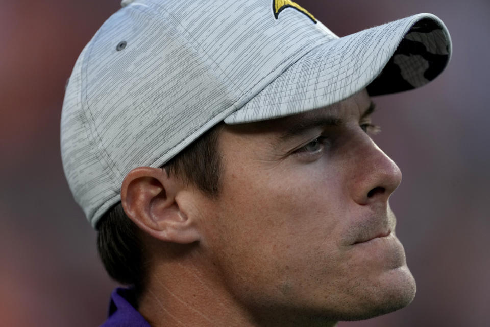 Minnesota Vikings head coach Kevin O'Connell watches during the first half of an NFL preseason football game against the Denver Broncos, Saturday, Aug. 27, 2022, in Denver. (AP Photo/David Zalubowski)