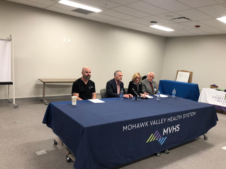 From left to right, emergency room physician Dr. Maxime Berube, Chairman of the Mohawk Valley Health System Board of Directors Gregory Evans, MVHS President/CEO Darlene Stromstad and board member Judge Norman Siegel speak at a press conference at the Wynn Hospital in Utica on Nov. 6, 2023 to discuss what they called misinformation about the hospital.