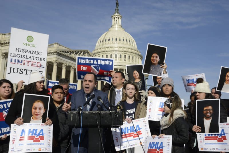 Hispanic Federation President Jose Calderon makes remarks before pro-immigration demonstrators supporting the Deferred Action for Childhood Arrivals program outside the U.S. Capitol on Friday in Washington, D.C. On January 21, Jan. 21, 2003, the U.S. Census Bureau said Hispanics had moved past African Americans as the largest minority group in the United States. Photo by Mike Theiler/UPI