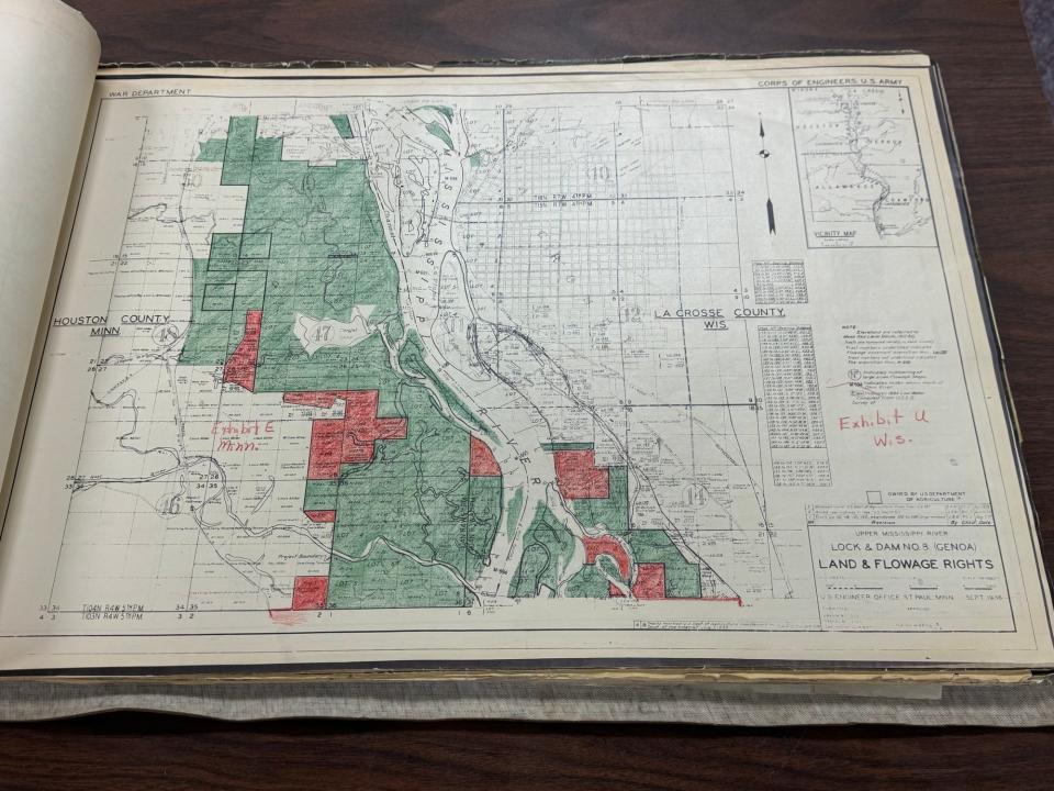 A 1936 U.S. Army Corps of Engineers map is shown depicting the Mississippi River splitting southwest Wisconsin and southeast Minnesota. The map is held at UW-La Crosse's Murphy Library as part of the Driftless River Initiative.