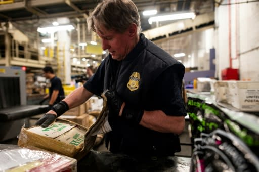 A US customs officer finds pills stamped with oxycodone during a package detection operation at John F. Kennedy Airport in New York