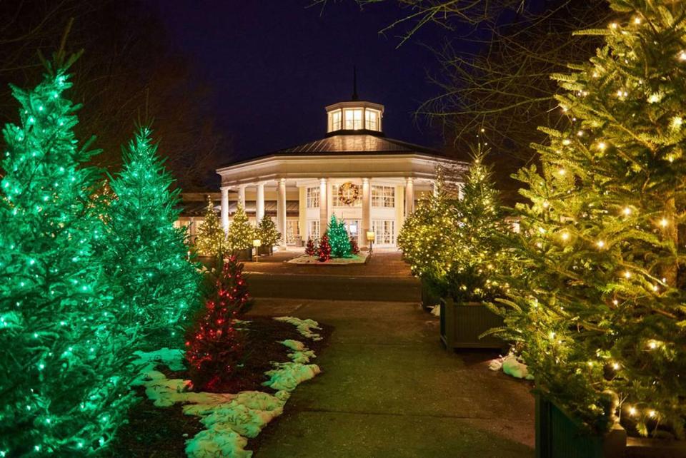The visitor pavilion is decorated for the holidays at Daniel Stowe Botanical Garden.