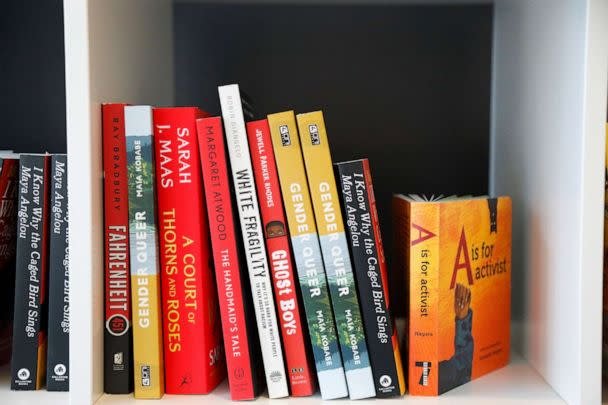 PHOTO: Books are displayed at the Banned Book Library at American Stage in St. Petersburg, Fla., Feb. 18, 2023. (Jefferee Woo/Tampa Bay Times via AP)