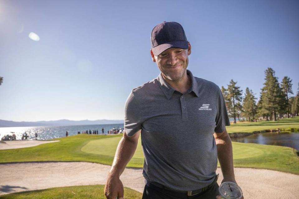 former Pro Bowl quarterback Tony Romo walks off the course on Thursday, July 13, 2023 after a practice round at 18th hole during the American Century Championship celebrity golf tournament at Edgewood Tahoe Golf Course in Stateline, Nev.