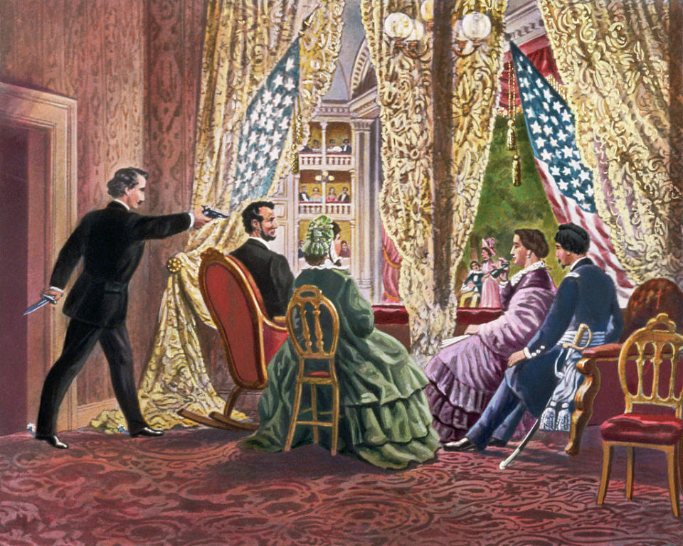 Illustration of John Wilkes Booth shooting Abraham Lincoln at Ford's Theatre