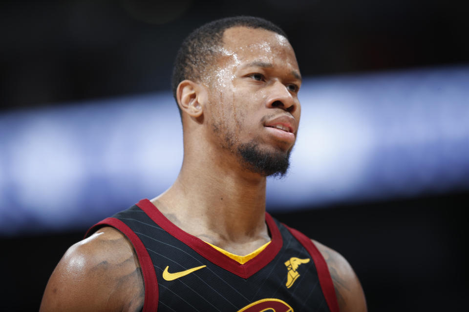 FILE- In this Jan. 19, 2019, file photo Cleveland Cavaliers guard Rodney Hood (1) in the first half of an NBA basketball game in Denver. The Cavaliers traded Hood to the Portland Trail Blazers. In exchange for Hood, Cleveland received guards Nik Stauskas and Wade Baldwin and a second-round pick in 2021 and 2023. The teams agreed to the deal on Sunday and completed their trade conference call with the NBA on Monday, Feb. 4. (AP Photo/David Zalubowski, File)