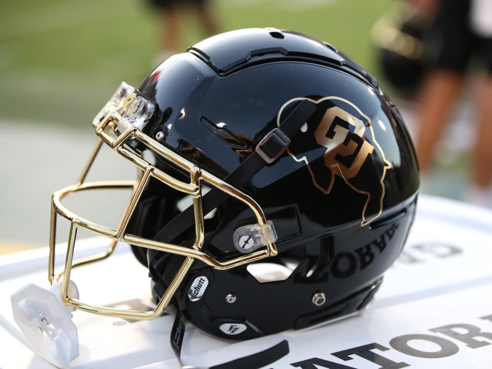 TEMPE, ARIZONA - OCTOBER 7: A Colorado Buffs helmet is seen on the sidelines during the University of Colorado Buffs versus the Arizona State Sun Devils football game at Mountain America Stadium on October 7, 2023 in Tempe, Arizona. (Photo by Bruce Yeung/Getty Images)